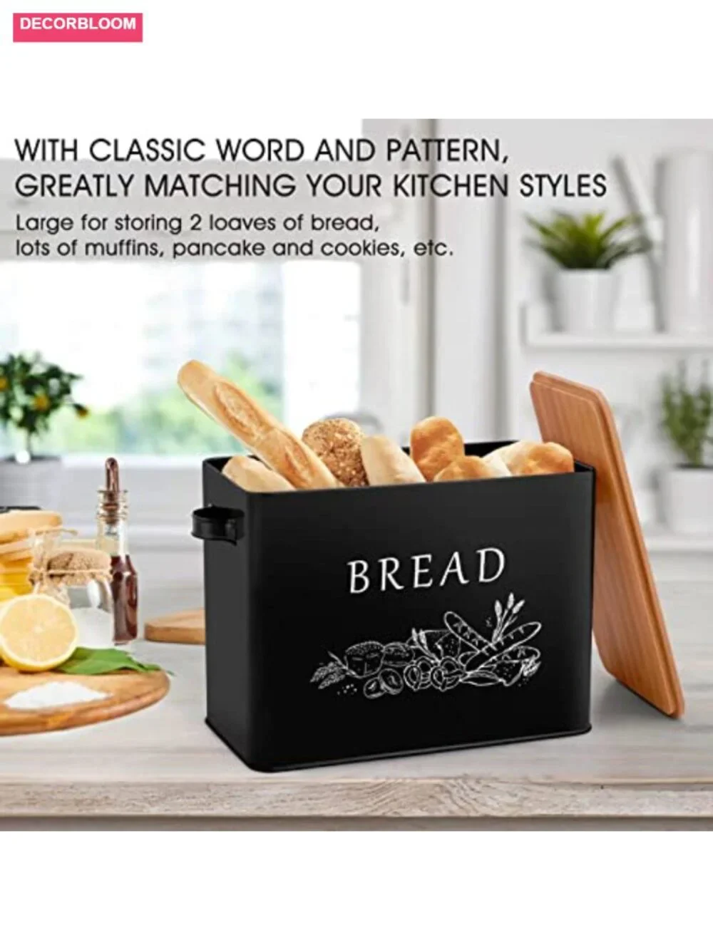 Rustic Bread Box with Wooden Lid Cutting Board, Metal Container